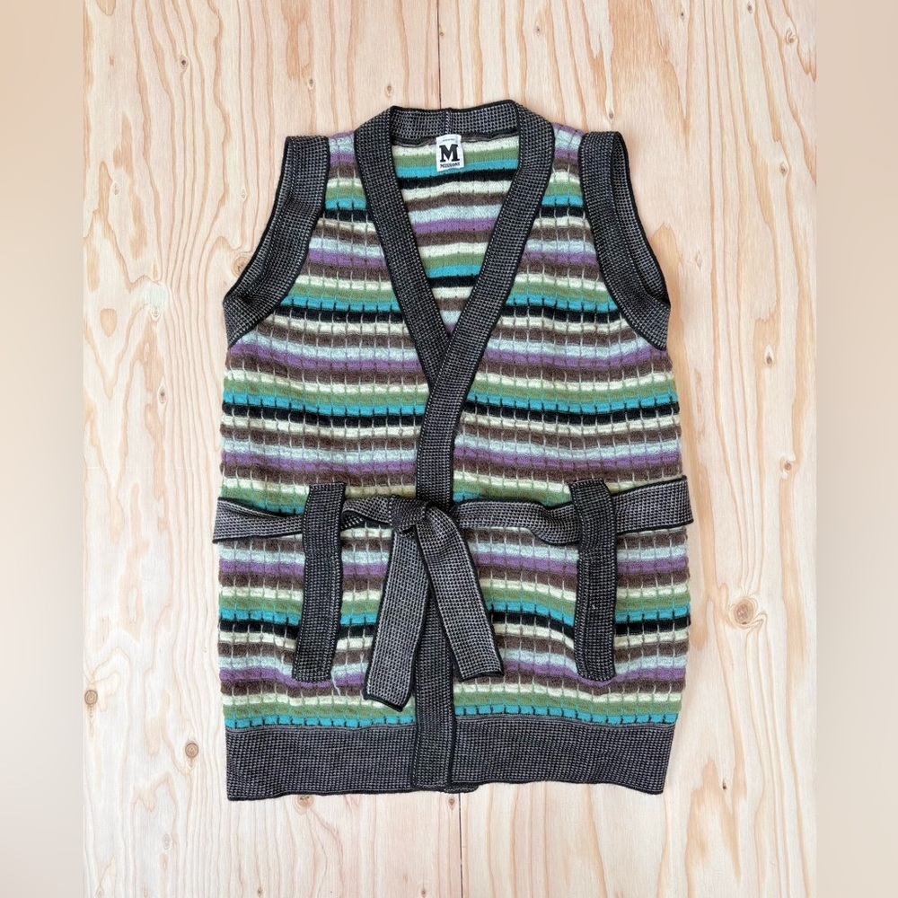 M Missoni belted mohair angora stripe knit sweater vest multicolor charcoal M
